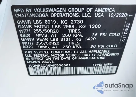 2021 Volkswagen Atlas 3.6L V6 Se W/Technology from USA, damaged, VIN 1V2HR2CA6MC536561